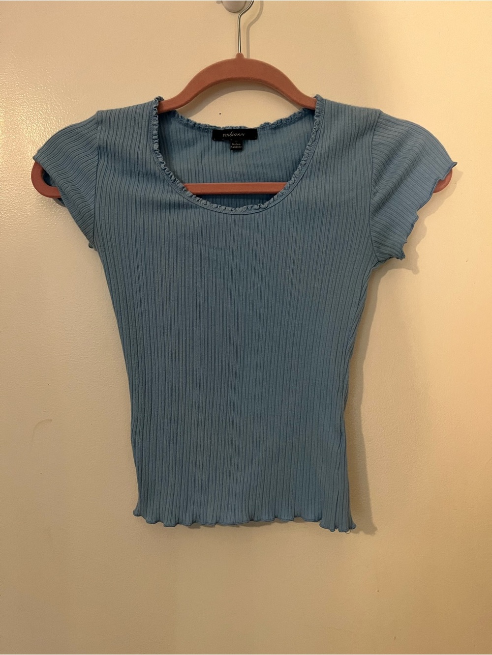Ambiance Blue Ribbed Knit Ruffle Trim Scoop Neck Cap Sleeve Crop Top Women’s S